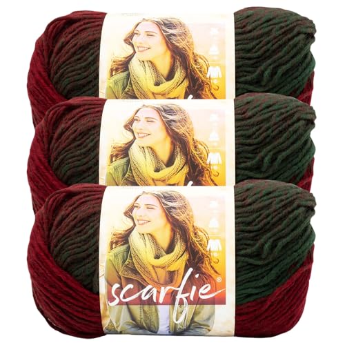Image of Lion Brand Yarn Scarfie Yarn for Knitting and Crocheting, Deep Red /Dark Green, 3 Pack
