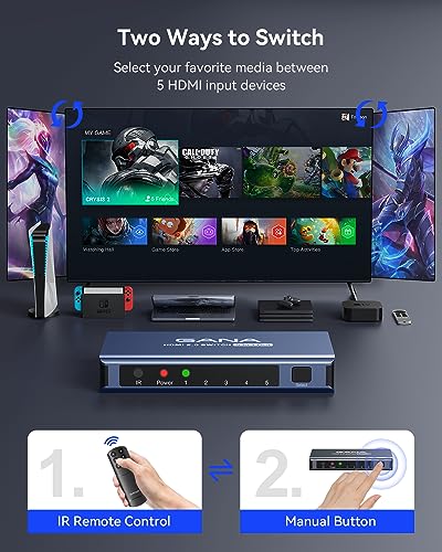 Image of HDMI Switch 5 in 1 Out 4K@60Hz, GANA HDMI Splitter Switcher with Remote, Aluminum HDMI 2.0 Switch Box Hub for 3D, HDCP2.2, HDR, Compatible with Xbox, PS5 /4 /3,Fire Stick,Roku,Blu-Ray Player, Blue