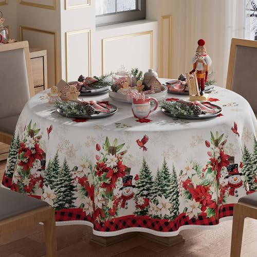 XCHI Red Plaid Poinsettia Winter Snowman Christmas Tree Tablecloth Round Christmas Table Cloth Washable Table Covers for Indoor Dining Home Party Xmas Decorations 70x70 Inch