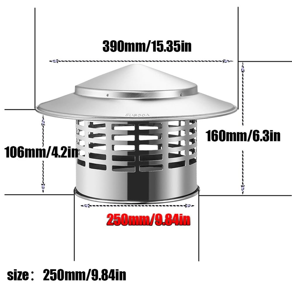 Cappuccio Camino, Tonda Comignolo Fumaria, 75-300MM Cappello Antipioggia in Acciaio Inox, Camino Copertura per Ventilazione del Tetto e Tubi Della Canna Fumaria(250mm/9.84inch)