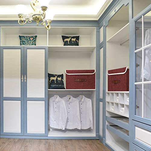 TYEERS Collapsible Storage Boxes, Washable Fabric Storage Bins with Lids, 14.9x9.8x9.8 inches, 3 Pack, Red Wine