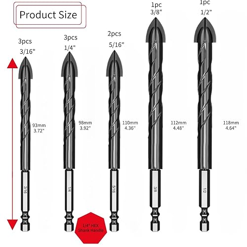 Miniatura 2 de Broca de hormigón, juego de brocas de mampostería de 14 de pulgada y 0.236 in con vástago hexagonal para azulejos, vidrio, plástico y madera, punta
