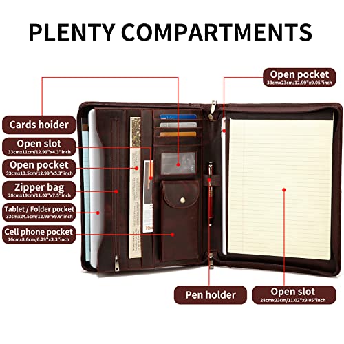 Handmade Crazy-Horse Leather Padfolio Portfolio Case Business Organizer Tablet Folio Folder, Letter Size Notepad,Zippered Closure, Gift For Women & Men (Oil Wax, Non-Custom) #TOP2