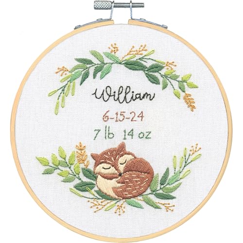 Image of Dimensions 72-70392 Fox Birth Record Embroidery Needlepoint Kit for Beginners, 6 inch Diameter Hoop, Multicolor, 5 Pieces