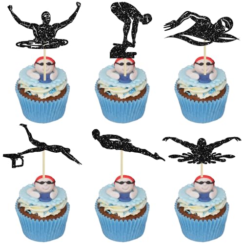 Ephlyn Lot de 24 décorations de cupcakes en forme d'équipe de natation pour l'été, la plage, la piscine, les fêtes, les anniversaires, les fêtes prénatales - Noir