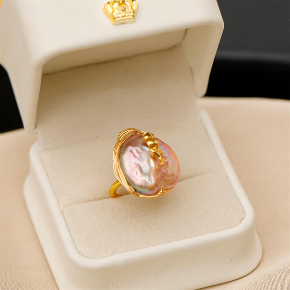Kokoma Baroque Pearl Ring Vintage Oval Pearl Rose Floral Statement Finger Bands Geometry Disc Circle Adjustable Open Band Rings Jewelry for Women - Image 3