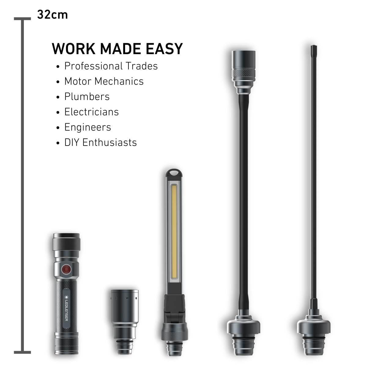Ledlenser Workers Friend Akku-4-in-1 Quick-Connect Arbeitsleuchte, 280lm | 4 Aufsätze, verstellbare Inspektionsleuchte, bis zu 5,5h Leuchtdauer, magnetisch, flexibel, für Heimwerken, wiederaufladbar