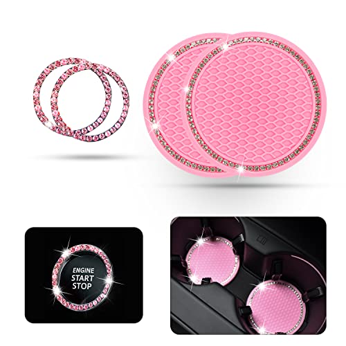 Cup Holder Coasters for Car, Car Push Start Button Bling Ring Universal Vehicle Car Accessories 2.75 inch Silicone Anti Slip Crystal Rhinestone for Women (Pink)