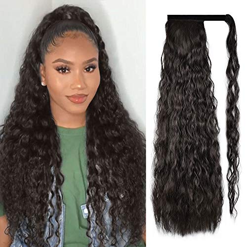 Sofeiyan Corn Wavy Curly Ponytail Extension 28 Inch Hair Fluffy Pony Tail Wrap Around Synthetic Black Long Hairpieces for Women Party Daily Use, Natural Black