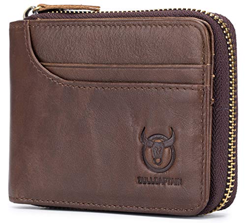 Mens Genuine Leather Wallet RFID Blocking Secure Zipper Bifold Card Holder Purse (Brown)