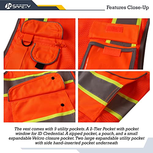 Image of JKSafety 9 Pockets Hi-Vis Reflective Safety Vest | Mesh Fabric | Fluorescent Orange Color with Neon Yellow Extended Trims | ANSI /ISEA Compliance (100-Orange, XL)