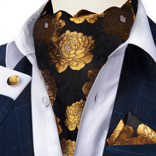 Image of DiBanGu 3PCS Ascot Ties for Men Wedding Jacquard Woven Silk Ascot Cravat for Men Cravat Tie and Pocket Square Set