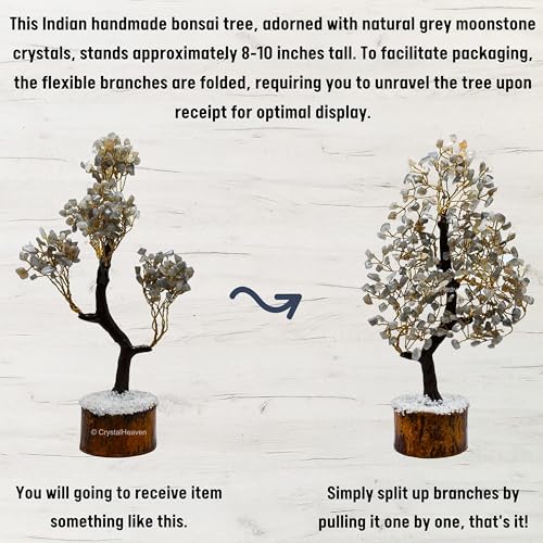 Image of Grey Moonstone Crystal Tree for Good Luck - Healing Crystals Money Tree for Wealth, Positive Energy at Home Office - Decorative Spiritual Gifts for Vastu, House Warming
