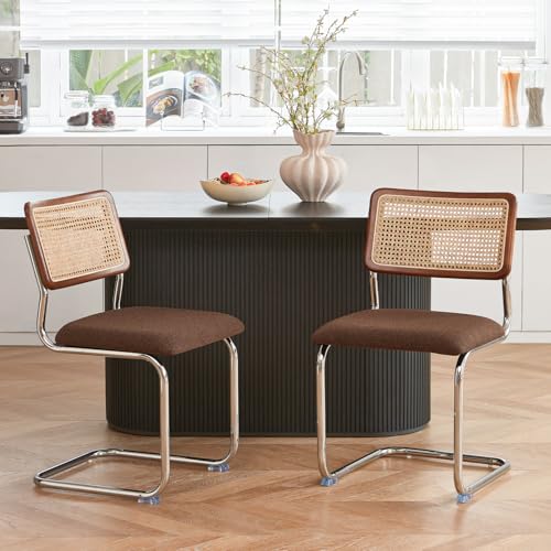 GrandNoor Brown Rattan Dining Chairs Set of 2, Wooden Mid-Century Modern Kitchen Chairs, Mesh Back Cane Dining Room Chairs, Cesca Chair with Metal Chrome Legs