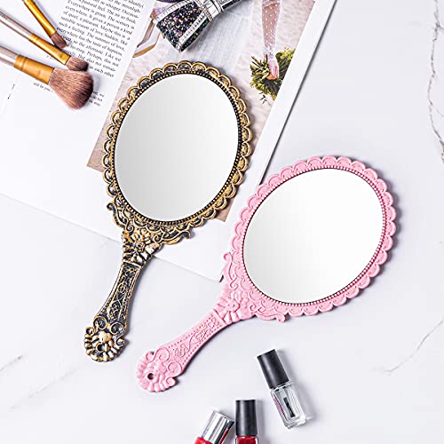2Pcs Vintage Handheld Mirror,Decorative Mirrors For Face Makeup Cosmetic Mirror Hand Held Travel Mirrors Personal Cosmetic Mirror With Powder Puff(Bronze) #TOP6