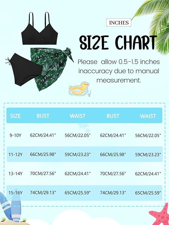 Image of Girls Swimsuit V Neck Bikini Set Color Block with Cover Up Skirt 3 Piece Bathing Suits Tween Swimwear 9-16 Years
