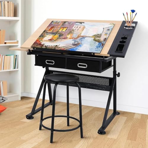 Drafting Table w/Stool,Height Adjustable Drafting Table for Adults,Tilted Tabletop with Storage Drawers,Multifunctional Art Craft Artists Desk for Reading, Writing, Crafting and Diamond Arts - Image 6