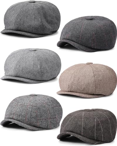 Image of Suhine 6 Pcs Newsboy Cap for Men Octagonal Hat 8 Panel Wool Blend Beret Flat Tweed Adjustable 22 to 24 Inch