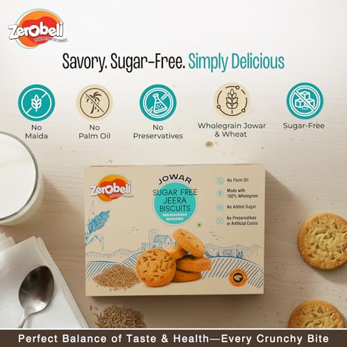 Image of Zerobeli Sugar Free Jowar Jeera Biscuits - 375g (Pack of 2) | Guilt-Free | Perfect Blend of Nutrition | Ideal for Health-Conscious Consumers | 100% Wholegrain I No Refined Sugar | Diabetic Snacks