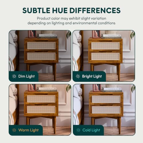 Image of Bme Oliver Solid Wood Rattan Nightstand /Side Table /End Table, Fully Assembled, for Bohemian & Mid Century Style Bedroom and Living Room, Caramel | Fully Assembled