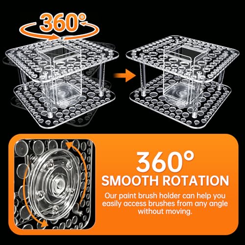 Image of Rotating Paint Brush Holder 92 Holes and Large Compartment 360 Spinning Acrylic Paintbrush Holder Organizer Artist Brush Holder Watercolor Brush Stand Rack