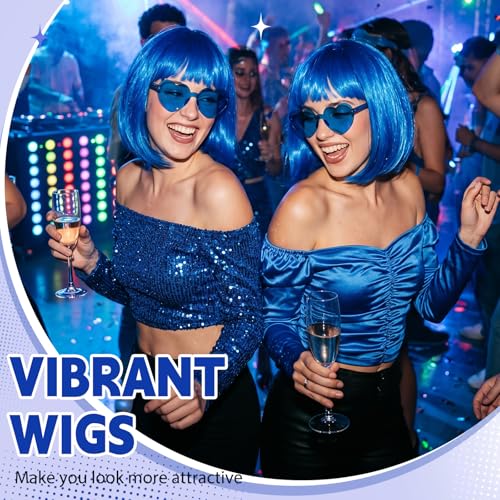 Image of Chunyin 2 Pieces Party Wigs and Sunglasses Set, Neon Short Bob Wig Costume Cosplay Colorful Wig Hairpieces for Bachelorette Neon Party Favors, Halloween, Decorations (Blue)