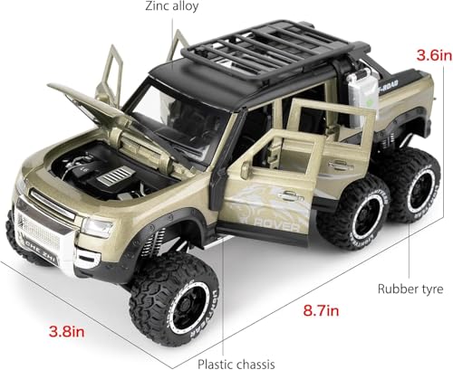 Image of 1:24 Land Rover Defender Six Wheels Off-Road Pickup Car Model, Pull Back Diecast Truck Collectible with Sounds & Lights, Gift for Kids, Boys, Girls, and Adults (Green)