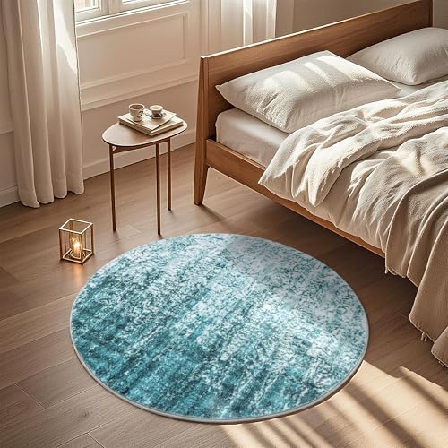 Image of Carvapet Washable 3ft Round Area Rug - Modern Abstract Teal Circle Carpet