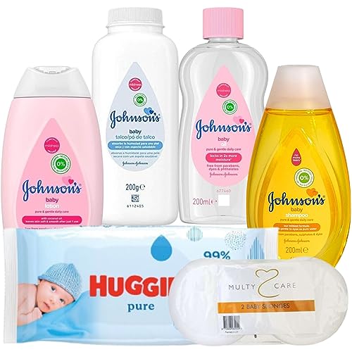 Johnsons - Juego de baño para bebé, 4 piezas de 200 ml, artículos de tocador Johnsons para bebé, incluyen loción para bebés, aceite para bebés, champú y polvo para bebés con esponjas para bebé,