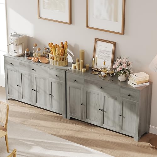 55" Sideboard Buffet Cabinet with Storage, Coffee Bar with Adjustable Shelves, 3 Drawers and 4 Minimalist Doors, Long Storage Cabinet for Kitchen, Dining Room, Living Room- Grey