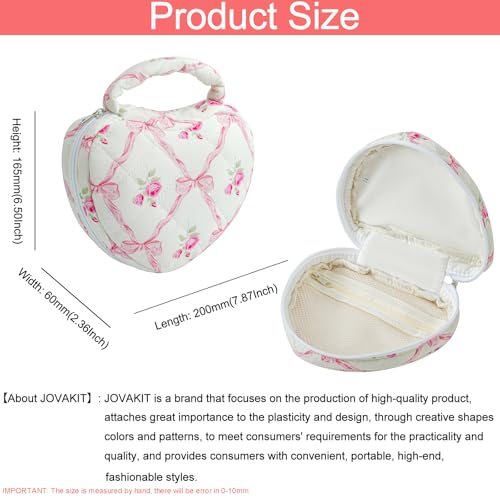 JOVAKIT Quilted Heart Shaped Makeup Bag Cosmetic Bag for Women with Handle, Floral Coquette Cotton Travel Makeup Case Toiletry Zipper Make Up Pouch, Travel Storage Organizer Stuff (Pink Bowknot)4