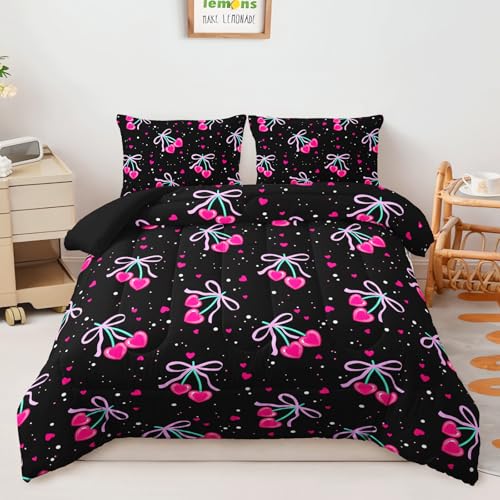 Image of AILONEN Pink Heart Cherry Comforter Full 3 Piece Black Coquette Aesthetic Bedding Set Girly Ribbon Bowknot Quilt Microfiber Y2K Room Decor Lightweight Breathable Pack Includes 2 Pillowcases