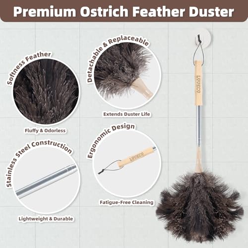 Image of Ostrich Feather Dusters for Cleaning Kit - Soft Feather Duster Extendable | Reusable Extendable to 49 inches for Cleaning Ceiling Fan, High Ceiling, Blinds & Retractable Small Duster for Keyboard, Car