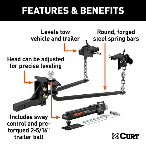 CURT 17063 Round Bar Weight Distribution Hitch with Integrated Lubrication and Sway Control, Up to 14K, 2-In Shank, 2-5/16-Inch Ball