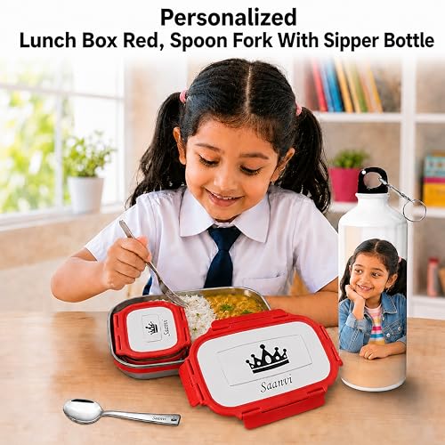 Image of SAVRI Personalized Kid Combo - Custom Photo Printed Metal Bottle & Engraved Steel Lunch Box with Spoon & Fork | Name & Character Engraved | Kids Christmas Gift, Birthday Gift, Return Gift