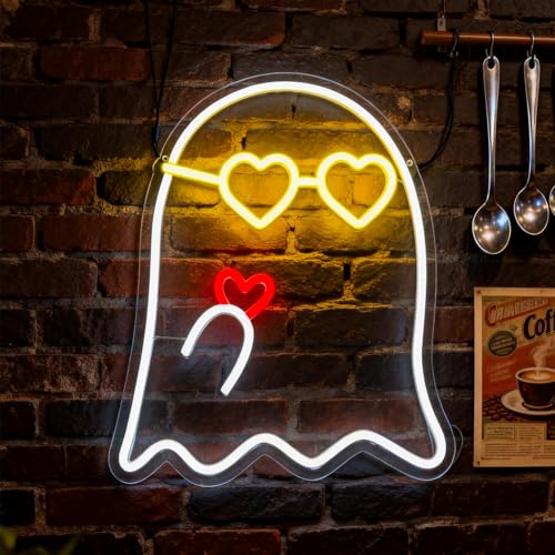 Image of White&Yellow Neon Sign Led Neon Lights Signs for Wall Decor USB Powered Led Signs for Room Decoration-Eyeglass Heart Ghost