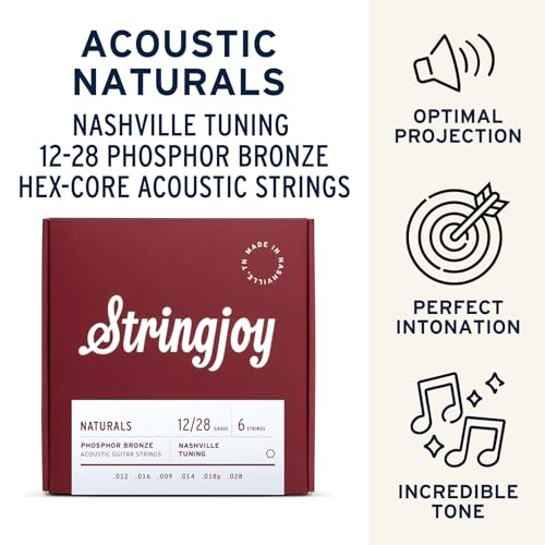 Image of Stringjoy Naturals 12-28 Nashville Tuning guitar strings - Phosphor Bronze Acoustic Guitar Strings - Excellent Feel and Shimmering Tone for Nashville Tuning, Acoustic 6 String Set, 2-Pack