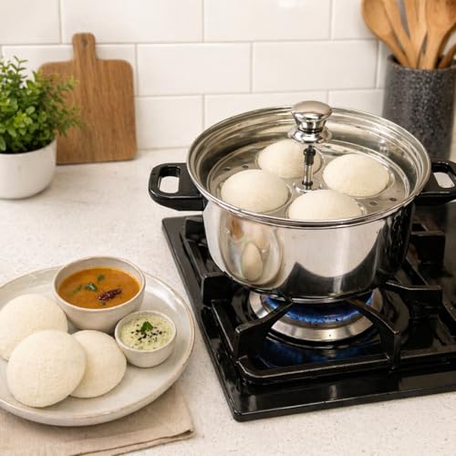 Image of Ankur Gold Stainless Steel Idli Cooker with Glass Lid | 4 Idli Plates (Regular Idli Plates) | Induction Compatible Bottom | Food Grade Stainless Steel Idli Maker | Steamer for Soft Idli