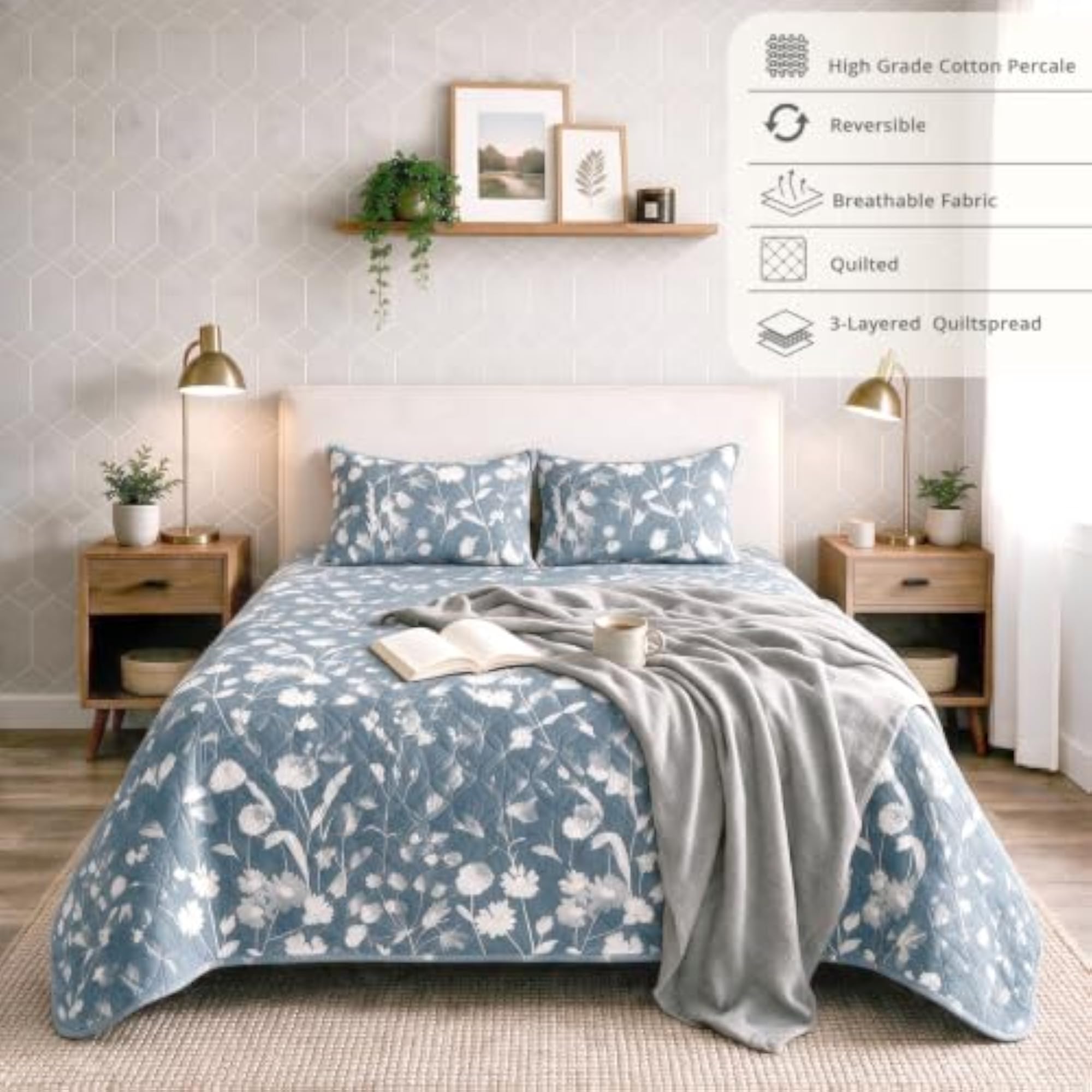 Cotton Reversible 3PC Quilted Bedspread King Size Blossomy Blue & White