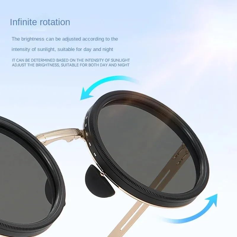 Image of Adjustable Tint Sunglasses, 1-9 Gear Adjustable Polarized Sunglasses with ND Filter Lenses, Round Black Lens for Men & Women, UV Protection for Driving, Fishing, and Outdoor Use.