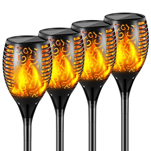 Quiltered Solar Lights Outdoor 99 LED Higher & Larger Flickering Flame Solar Torch Lights 43" Waterproof Solar Powered Pathway Lights Christmas Decorations for Garden Patio Yard, 4 Pack