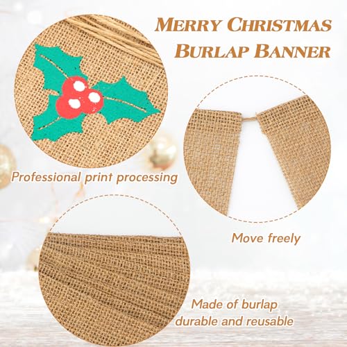 G2PLUS Merry Christmas Burlap Bunting Banner, 4.8M Banner with Holly Leaves, Vintage Merry Christmas Garland with 16 Flag Pennants, Rustic Hessian Bunting for Decoration - Image 3