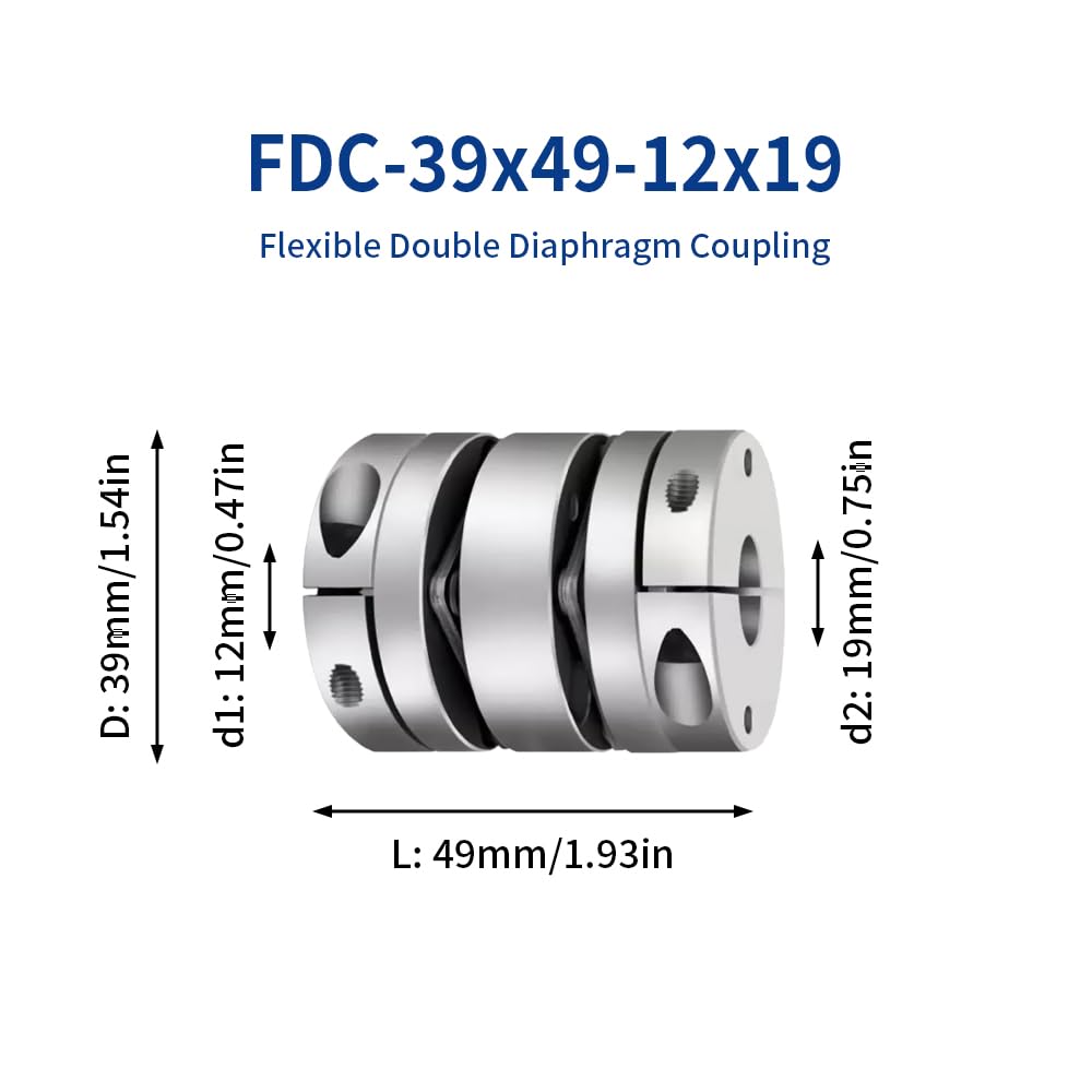 Acoplamiento de Diafragma Flexible de 12 mm a 19 mm, Acoplador de Eje de Motor de 2 Diafragmas de Aluminio D39 L49 Para Impresora 3D, Máquina CNC, Servomotor