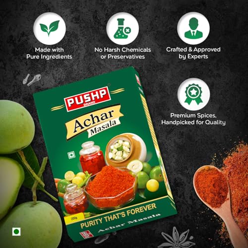 Image of Pushp Brand Achar Masala | 200G Box | Premium Blend of Traditional Spices | Ready-to-Use Pickle Mix | Authentic Homemade Pickle Masala | No Added Preservatives (Pack of 5)
