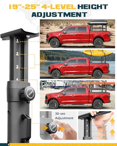 Image of Ladder Rack for Truck Compatible with T-Slot Tonneau Covers, 800 LBS Capacity Truck Bed Rack with Side Bars, 19 inch-25 inch Height-Adjustable Aluminum Truck Racks, Fit for Ford F150 /Ram 1500 /Silverado /Sierra
