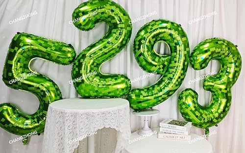 Image of 40 inch giant Green pixel miner game number 1 balloon | Large mining theme foil balloon 0-9 for pixel game parties children's birthdays party anniversary baby shower decoration