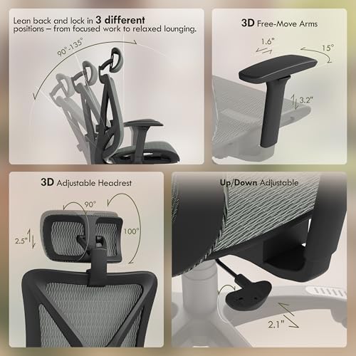 Image of ELABEST T23 Ergonomic Mesh Office Chair, High Back Computer Desk Chair, Breathable AirMesh with Dual-Move Lumbar Support, 3D Armrests & Headrest, Tilt Lock, Big and Tall for Home Office((Eucalyptus)