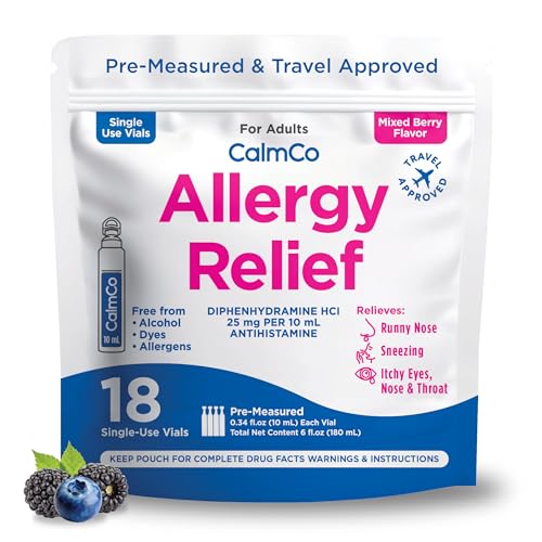 CalmCo Adult Liquid Allergy Relief – Pre-Measured Vials with Diphenhydramine HCl 25mg, Allergy Medicine for Ages 12+, Antihistamine for Sneezing, Runny Nose & Itchy Eyes, Mixed Berry Flavor, 18 Count