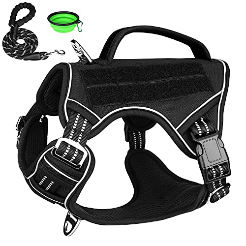 Tactical Dog Harness No Pull, KROMEN Dog Training Harness and Leash Set, Reflective Dog Vest with Handle, Dog Working Harness with Molle Panel for Small Medium Large Dogs (Black, L)