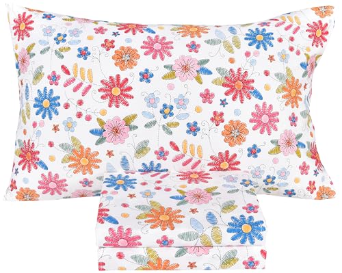 Image of Scientific Sleep Kids Hand Sketch Flower Leaves Pastoral Garden Cute 100% Cotton 3 Pcs Twin Bed Sheet Set Kids Girls Teen, Flat Sheet & Fitted Sheet & Pillowcase Girls Room Decro Bedding Set